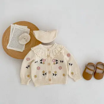 Ruduo Nauji kūdikių megztiniai Mergaitės Gėlių siuvinėjimas Kardigano paltas Medvilninis Vaikiškas megztinis Megztinis Viršutiniai drabužiai Kūdikių mergaičių megztinis Megztinis