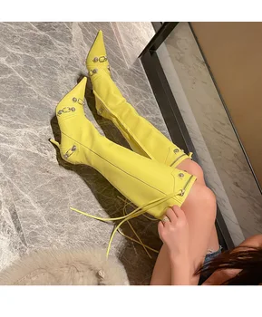 Seksuali moteris Stiletto aukštakulniai Smailus pirštas Martino batai Metalo apdaila Moteriškas šoninis Užtrauktukas Keliai aukšti ilgi batai