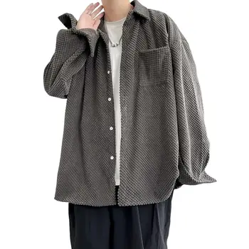 Rudens marškiniai vyrams Dizainerio drabužiai Palaidinės Korėjietiški drabužiai Mygtukas aukštyn retro marškiniai Hipių megztinis Japoniški ilgi drabužiai