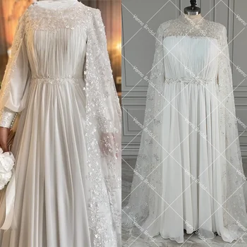 High Collar Dubai Išskirtinė vestuvinė suknelė su Long Cape Ruched Chiffon A Line Sparkle Beading Crystals Sequins Bridal Gowns