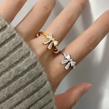Ins Fashion Gold Sliver Crystal Bow Open Žiedai moterims Simple Trendy 925 Sliver Plated Open Ring Lady Sweet Cute Jewelry Gift