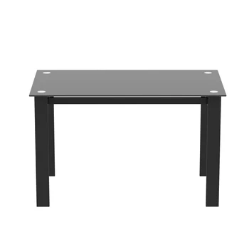 Modernus grūdinto stiklo juodas valgomojo stalas, paprastos stačiakampės metalinės stalo kojos svetainės virtuvės stalas