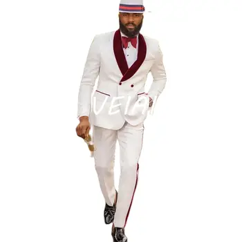 Baltas dvigubas krūtinės raudonas atlapas Vyriškas kostiumas Dviejų dalių plonas tinka Aukštos kokybės vestuvinis kostiumas Vakarėlis Prom Vyriški kostiumai Balo KıyafetI
