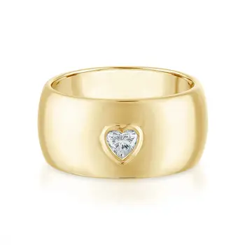 Single Stone Gold Color Women Band Inset Single Heart Cubic Zirconia CZ Thick Engagement Band Women Rings