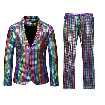 Mens Stage Prom Suits Gold Silver Rainbow Plaid Sequin Jacket Pants Men Dance Festival Christmas Halloween Party Costume Homme