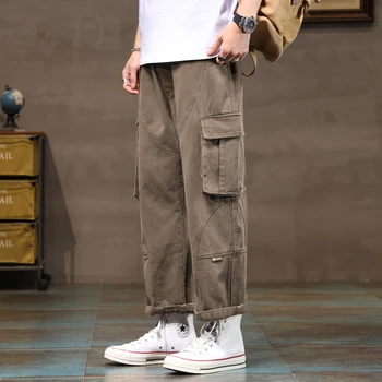 The New Four Seasons Multi-Pocket Men's Trend Loose Work Pants Loose Legged Pants Korean Version Of The Flow Of Nine Minutes