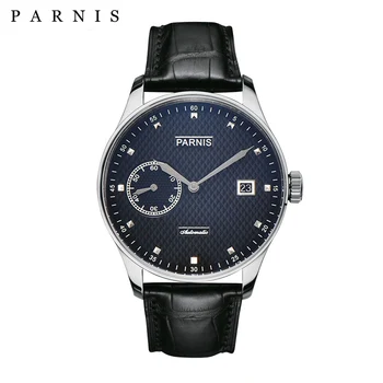 New Fashion Parnis 43mm Black Dial automatinis vyriškų laikrodžių kalendorius Odinis dirželis Mechaniniai vyriški sportiniai laikrodžiai reloj hombre 2023