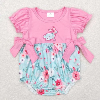 Didmeninė prekyba naujagimis Velykų romperis Baby Girl Rožinės trumpos rankovės Siuvinėjimas Triušis Gėlių drabužiai Vaikai Mažylis Gėlė Vientisas