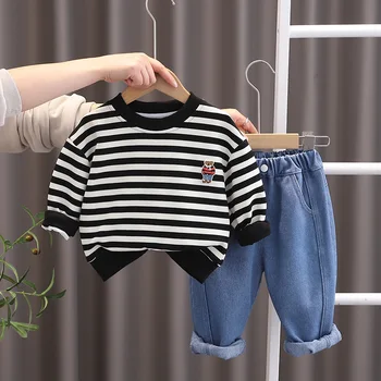 Mažylių pavasario apranga 2024 Nauji drabužiai berniukams Nuo 1 iki 5 metų Laisvalaikio animacinis filmas Dryžuoti marškinėliai ilgomis rankovėmis Kelnės Vaikų berniukų kostiumas