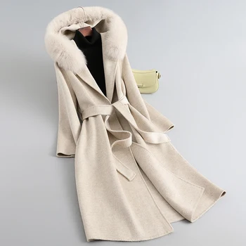 Madinga 2023 m. ruduo Žieminis ilgas vilnos mišinio paltas su gobtuvu Lady Women 100% vilna Fox Fur Collar Šiltas paltas Parka JT3416