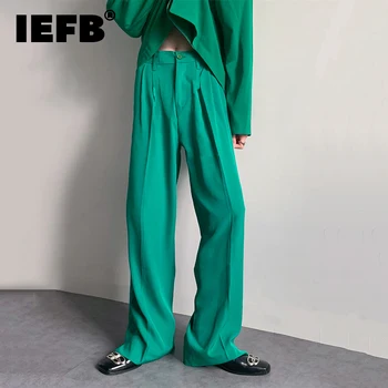 IEFB Vyriškos kostiuminės kelnės Nišos Highend žalios tiesios kelnės Rudeninis plonas korėjietiškas stilius Ruffled Handsome Casual Loose Ppants 9C2058