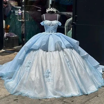 Blue Quinceanera Suknelė Ball Gown Blizgus nėrinių aplikacijos karoliukų korsetas Ruffles Sweet 15 16 Vestidos De XV Anos