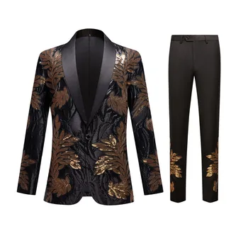 Mens Black Sequins Two Piece Suit Party Wedding Prom Dinner Tuxedo Suit Blazer with Pants Sets Stage Singer Costume Homme
