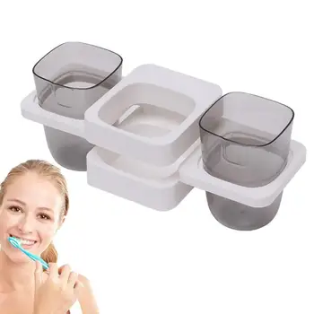 Dantų šepetėlių laikikliai vonios kambariams Sieninis dantų šepetėlio laikiklis su dviejų dantų valymo puodeliu Punch Free Storage Rack Bathroom
