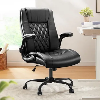 Biuro kėdės vadovas su atverčiamais porankiais, PU odinė ergonomiška stalo kėdės aukštis reguliuojamas pasukamas, juodas
