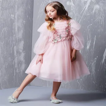 Gėlių mergaitės suknelė ilgomis rankovėmis Rožinė tiulis Sluoksniuotas lipdukas Plisuota vestuvių gėlė Vaikas Šventoji Komunija Gimtadienis Princesės suknelė