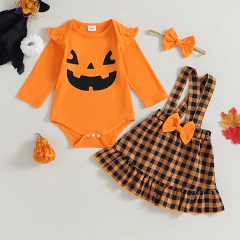 Baby Girls Helovino drabužiai Mieli ilgomis rankovėmis Romperis ir pledas Pakabos sijonas Galvos juosta Rudens apranga Vaikiškų drabužių rinkinys