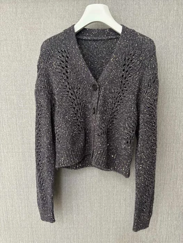 Paillete verpalai v-kaklas aukštos kokybės megztinis ilgomis rankovėmis