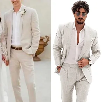 Vyriškas 2 dalių lininis kostiumas Casual Slim Fit Vintage Suits Groomsmen Smokings Wedding Summer Beach Blazer Kelnių komplektas (Švarkas+Kelnės)