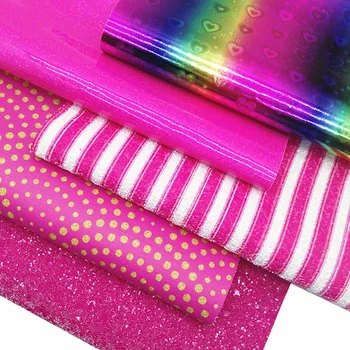 Stripes Dots Custom Glitter Leather Rose Glitter Leather Rainbow Hearts Patent Faux Leather Fabric For DIY 21x29CM Y440