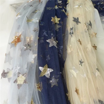 1Yard Beautiful Sequin Star Siuvinėjimo tinklelis Nėrinių tiulio audinys nuotakos suknelei Vakarinės suknelės kostiumų audinys