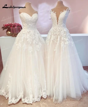 Grakščios mielaširdingos vestuvinės suknelės 2022 Nėriniai atgal Aplikuotos nėrinių nuotakos suknelės Tiulis vestido de novia Robe Mariee
