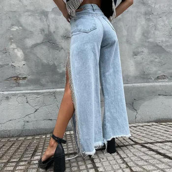 2023 Pavasario/vasaros mados gatvės moteriškos kelnės Nauja personalizuota tendencija Split Chain džinsai Moteriškos džinsinės kelnės