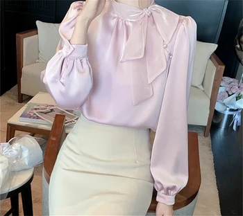 Fashion Chiffon Violets Moteriški marškiniai American Retro O-Neck Apykaklė pilnomis rankovėmis Viršus Moteriški marškiniai Elegantiškos palaidinės Ruduo G2896