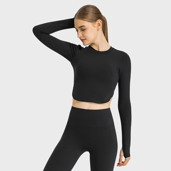 Womens Super Elastic Yoga Fitness marškinėliai Solid Round Neck ilgomis rankovėmis Viršutiniai drabužiai Laisvalaikio bėgimo sportiniai megztiniai