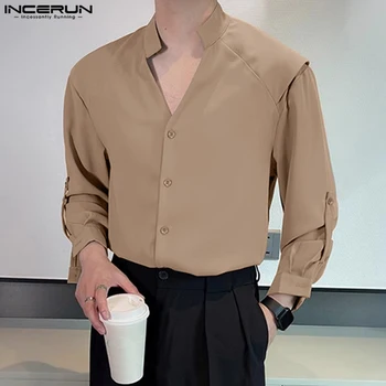 2023 Vyriški laisvalaikio marškiniai Vientisos spalvos V kaklas ilgomis rankovėmis Gatvės apranga Vyriški drabužiai Laisvi korėjietiško stiliaus mados marškiniai S-5XL INCERUN