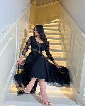 Vintage Black A Line Nėrinių vakarinės vakarėlio suknelės ilgomis rankovėmis Arbatos ilgis Saudo Arabijos 2023 m. moterų oficialios naktinės suknelės