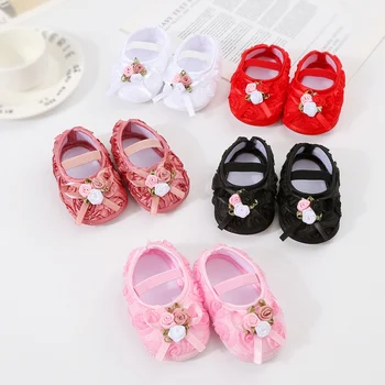 Spring Baby First Walker for Girls 0-1Y Cotton Princess Bow Nėrinių rožių dekoro batai Solid Fashion Soft Indoor Shoes