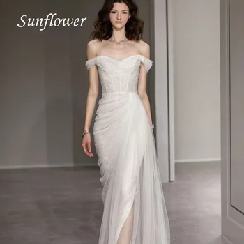 Saulėgrąžos paprasta mielaširdinga tiulio vestuvinė suknelė 2023 Nauja iliuzijos kepurė Rankovės Undinės šonas Nuotakos suknelė Split Back Chalatai De Marié