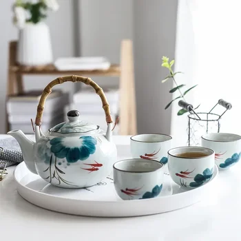 Keraminių auksinių žuvelių arbatos puodelio arbatos puodelio vandens puodelio lotoso dizaino arbatos virdulio rinkinys 