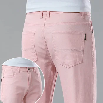 New Men Stretch Skinny Jeans Fashion Casual Slim Fit Denim Kelnės Rožinės kelnės Vyriško prekės ženklo drabužiai Verslo džinsai vyrams Chinos