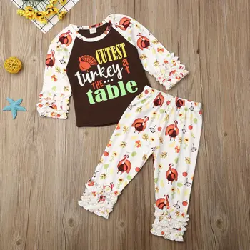 Kid Baby Girl Padėkos dienos drabužiai ilgomis rankovėmis Tops Letter marškinėliai+Kelnės Festivalio mažylio apranga 2vnt komplektas