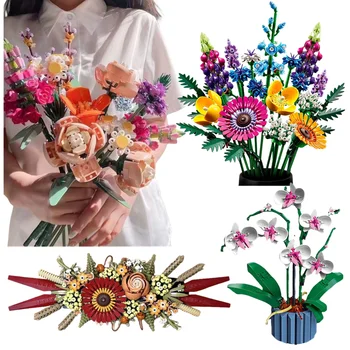 Puokštė Orchidėjų blokas Gėlių chrizantema Gėlių vazoniniai statybiniai blokai FIT namų dekoravimui Romantiškas rinkinys Žaislų mergaitės dovana