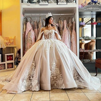 ANGELSBRIDEP Šampanas Tiulio balinė suknelė Quinceanera suknelės nuo pečių drugeliai aplikacijos Vestidos de 15 Años vakarėlių suknelės