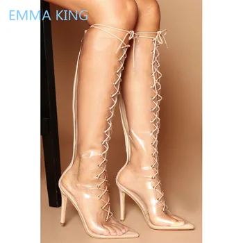 2019 Pavasario mada Moterys Keliai Aukšti guminiai batai Smailus pirštas Išpjova Seksualūs aukštakulniai Batai Moteris PVC Skaidrūs lietaus batai Mujer