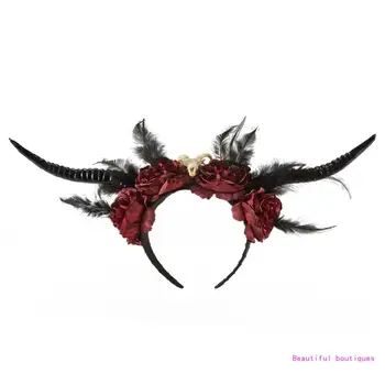 Goth Devil Sheep Horn Headband su gėlių dekoru Cosplay fotografuojant Prop DropShip