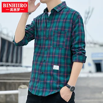 BINHIIRO Pavasario rudens vyriškų marškinių verslas Laisvalaikio klasikinis pledas Vyriški socialinės suknelės marškinėliai Vyriški vienos kišenės marškiniai ilgomis rankovėmis