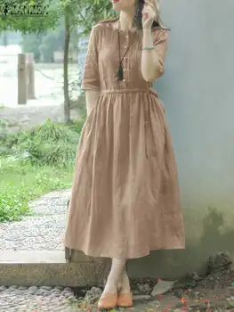 Elegantiškas sundress 2023 ZANZEA Moteriška vasarinė suknelė Plisuotas dizainas Vestido Moteriška pusė rankovės Vienspalvis chalatas Atostogų priežastinis Suknelė