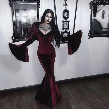Tamsus gotikinis aksomas platėjanti suknelė ilgomis rankovėmis Moteriška subkultūra Helovino kostiumas Vampyras Fishtail Apvynioti Klubo suknelė