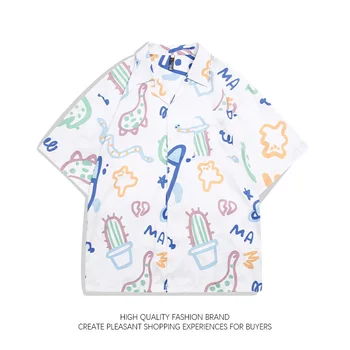 Cartoon Graffiti marškinėliai trumpomis rankovėmis 2023 Summer Gunge Funny Kawaii Button Up Palaidinė Vyrai Moterys Korėjiečių paprastas spalvotas spausdinimas Viršus