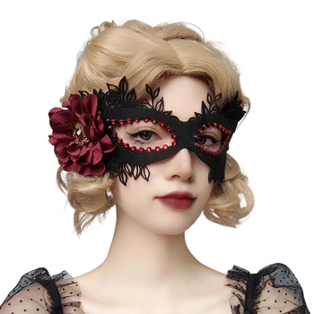 Gėlių maskaradas Akių kaukė Pusė veido Moterys Užrištomis akimis su gėlėmis Kalnų krištolas Veltinio audinys Helovino kostiumai Maskaradiniai rekvizitai