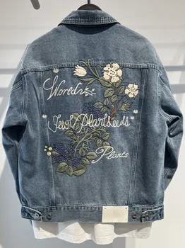 Vintažinis augalas Gėlių siuvinėjimas Džinsinis švarkas Vyrai Moterys Laisvalaikio džinsai Paltas Slim Fit Sagos aukštyn Pavasario rudens viršutiniai drabužiai ilgomis rankovėmis