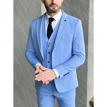 Terno kostiumai vyrams Blazer apranga Mėlyna mada Oficiali verslo vienguba įpjova Atlapas trijų dalių švarkas Kelnės Liemenė