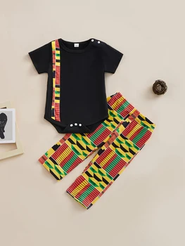 Stilinga 2 dalių afrikietiško atspaudo mažylių apranga su Kente Dashiki marškinėliais ir kelnėmis mergaitėms ir berniukams