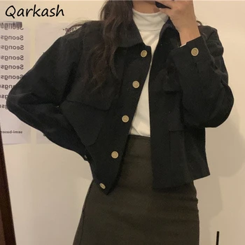 Basic Jackets Women Sprig Single Breasted Solid Black Streetwear Cropped Students Leisure Safari Style Cool Vintage Tender Soft
