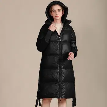 LKSK Ilga medvilninė striukė Moteriškas žieminis blizgus laisvas paltas su gobtuvu su užtrauktuku Medvilninis paltas Deimantinis pledas